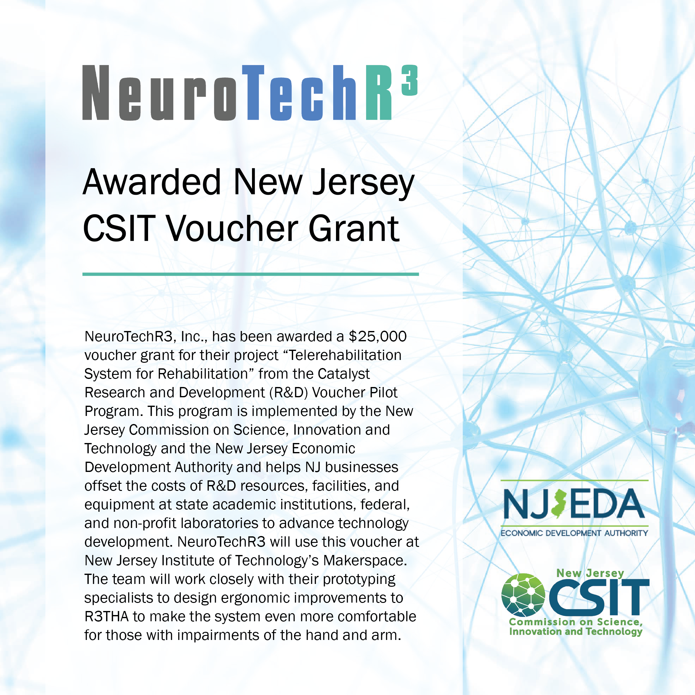 NeuroTechR3 Awarded New Jersey CSIT Voucher Grant
